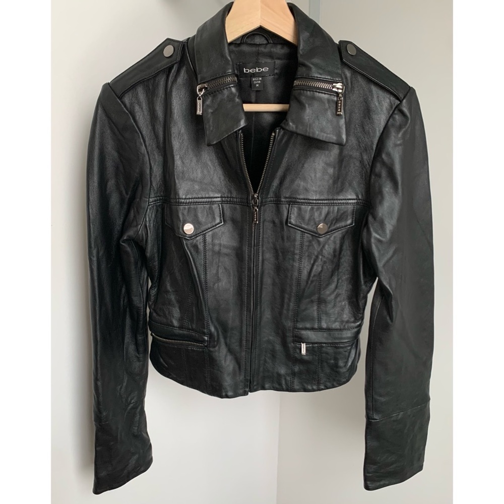 bebe • M • Black Leather Jacket 100% Genuine Leather Jacket